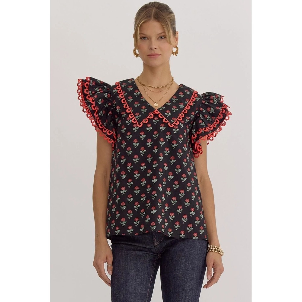 Entro Black Floral Eyelet Flutter Sleeve Blouse Top Collared Summer T24214 M